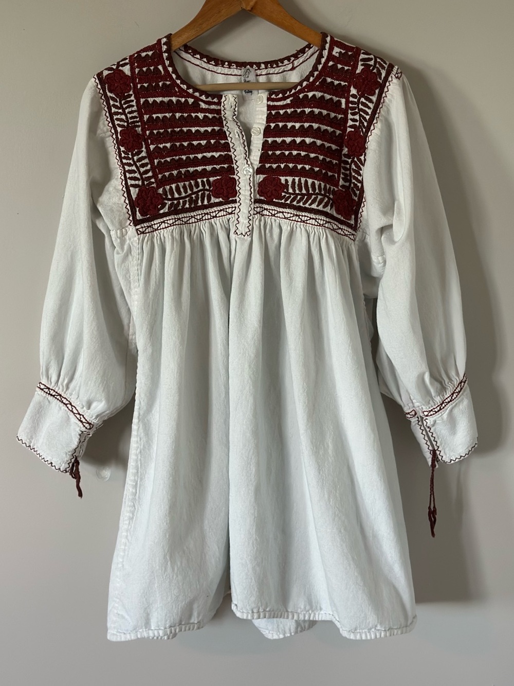 Vintage Renaissance White Mini Dress with Burgundy Embroidered Yoke
